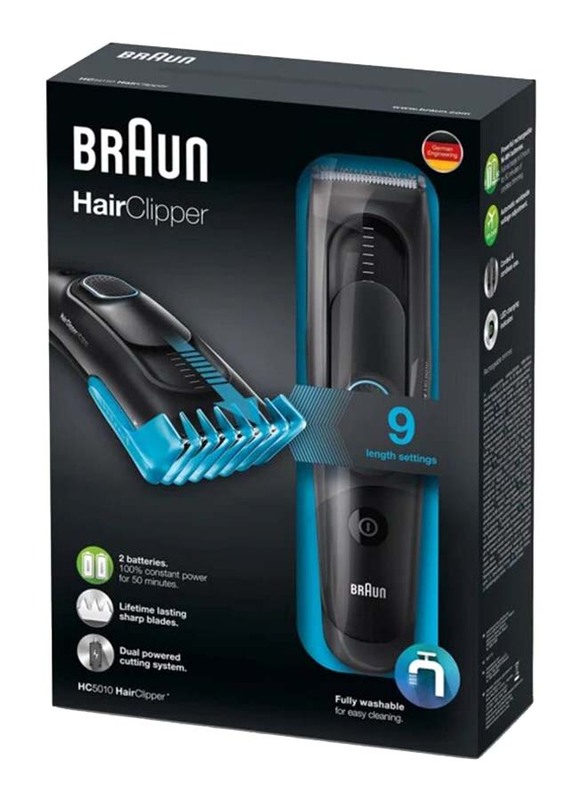 Braun Hair Clipper with 1 Comb and 8 Precise Length Settings, HC5010, Black/Blue