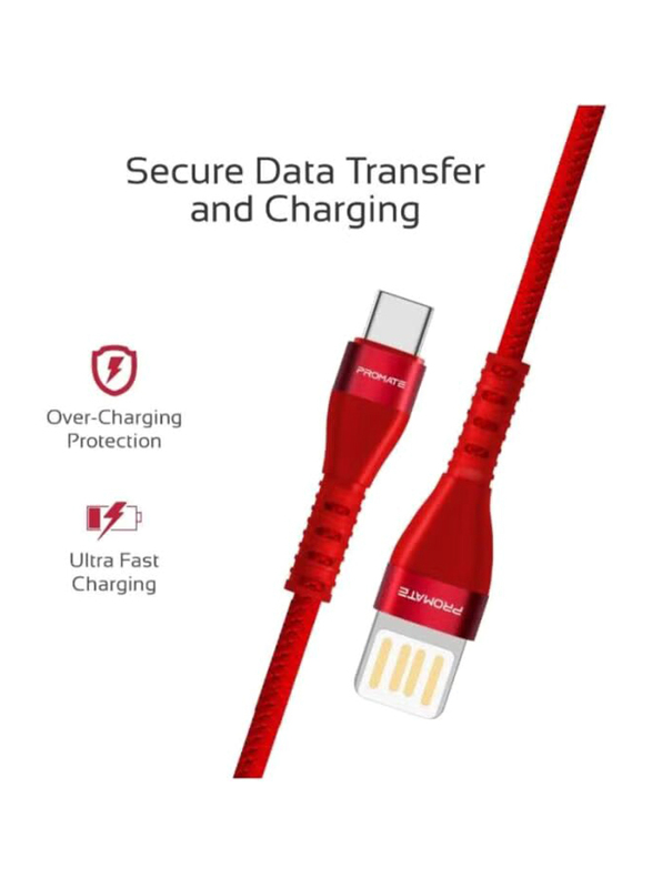Promate 3.5-Millimeters USB Type C, Fast Charging Cable for Smartphones/Tablets, Red
