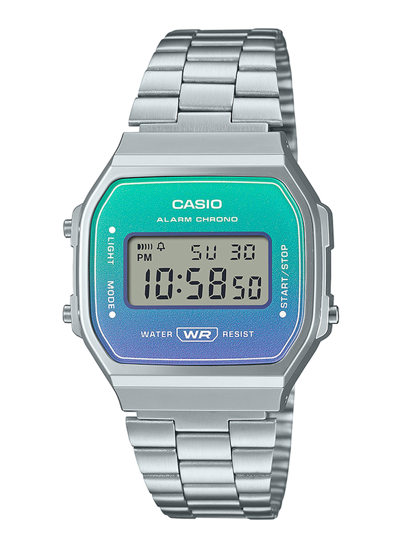 Casio Vintage Digital Watch for Unisex with Stainless Steel Band, Water Resistant and Chronograph, A168WER-2A, Silver-Multicolour