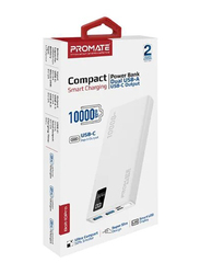 Promate 10000mAh Bolt Compact Smart Charging Power Bank with Dual USB-A & USB-C Output 10W, White