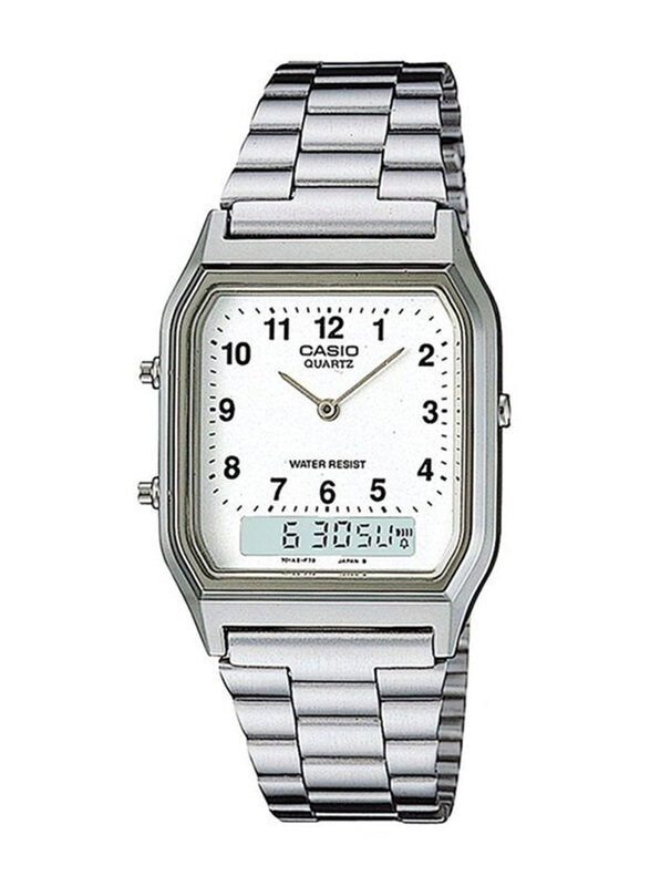 

Casio Vintage Analog-Digital Watch for Men with Stainless Steel Band, Water Resistant, AQ-230A-7BMQ, Silver-White