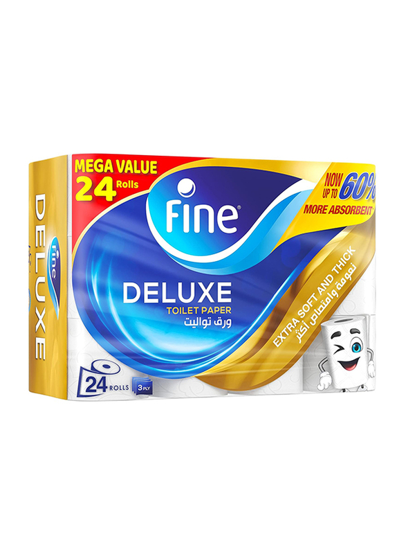 Fine Deluxe Highly Absorbent Toilet Paper, 3 Ply, 24 Rolls x 140 Sheets