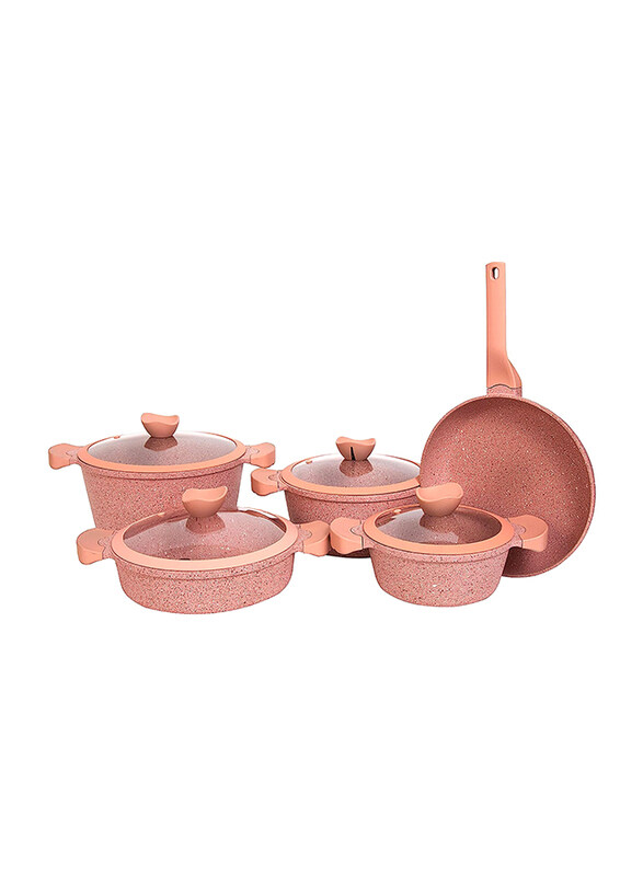

Falez 9-Piece Grand Touch Non-Stick Cookware Set with Silicone Lid, Pink