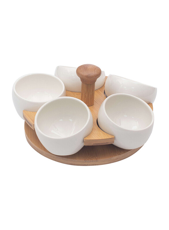 

Falez 5-Piece Bowl Set with Bamboo Base, White/Brown