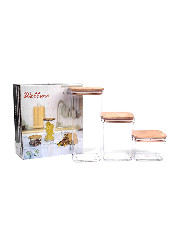 Falez 3-Piece Viola Food Container Set With Wood Lid, 1.7/1/0.5 Liters, Clear/Brown