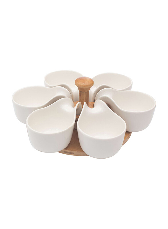 

Falez 6-Piece Bowl Set with Bamboo Base, White/Brown