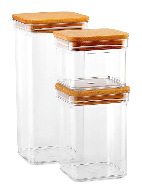 Falez 3-Piece Viola Food Container Set With Wood Lid, 1.7/1/0.5 Liters, Clear/Brown