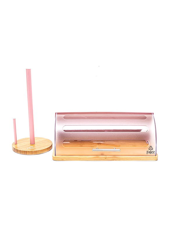 Falez Wooden Bread Box with a Paper Towel Holder, Pink