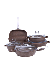 Falez 9-Piece Silco-Cast Cookware Set with Lid Glass, Brown