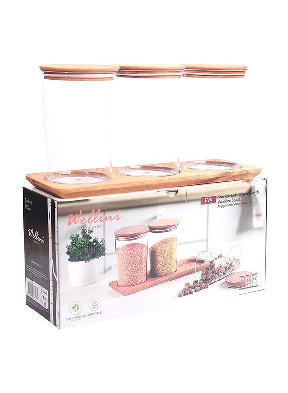 Falez Eva 3-Piece Storage Box Set with Wood Stand, 1.5 Liters, Clear Brown