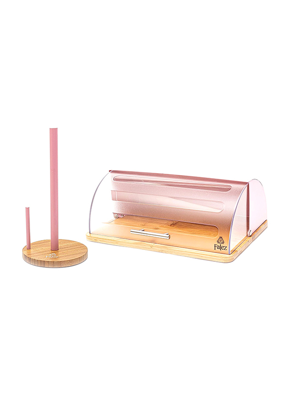 Falez Wooden Bread Box with a Paper Towel Holder, Pink