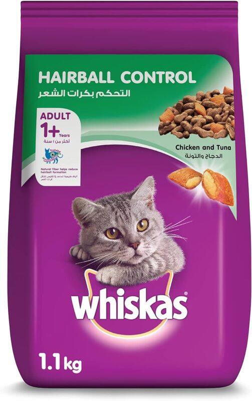 

Whiskas Chicken & Tuna Hairball Control Dry Food, for Adult Cats, Natural Fibers Gently Move Hairballs Through Your Cat’s Digestive System, Bag of 1.1