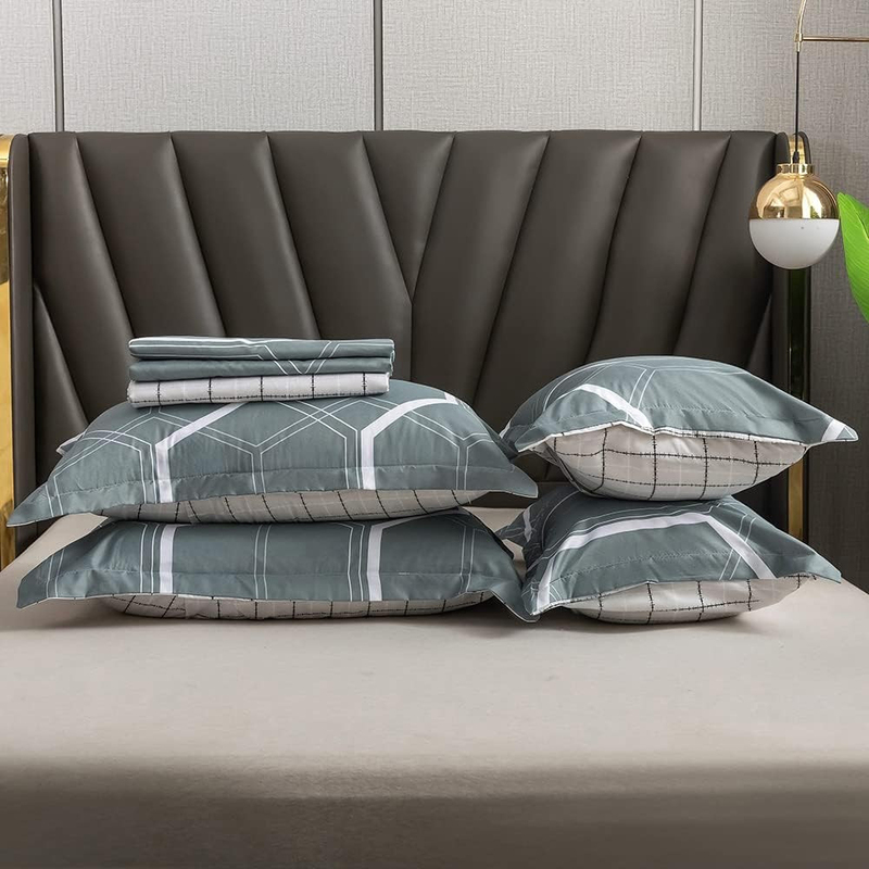 Aceir 6-Piece Microfibre Duvet Cover Set, 1 Duvet Cover + 1 Flat Bedsheet + 4 Pillow Cases, Double, 200x230cm, Grey/White