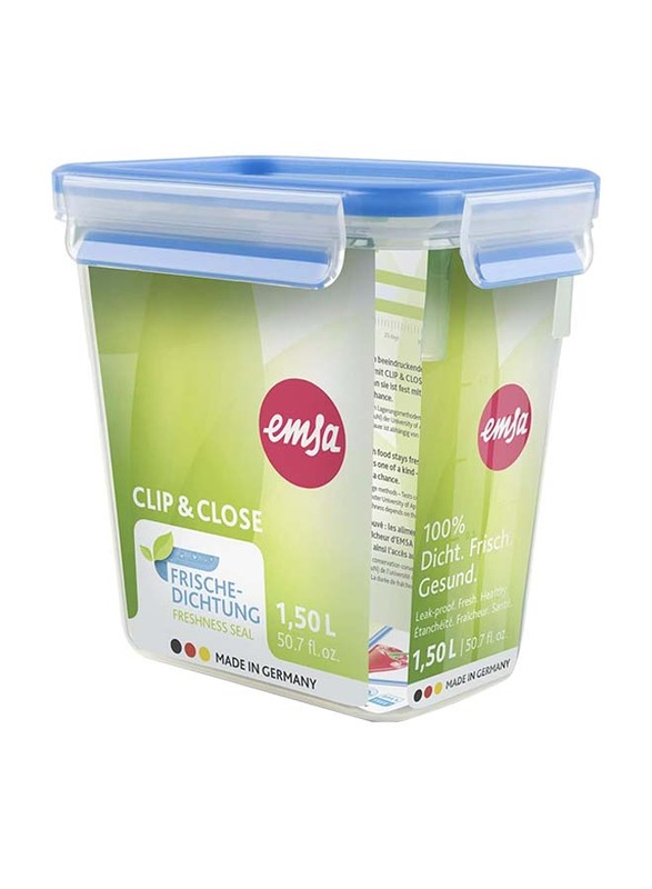 Emsa Clip & Close Rectangular Food Container, 1.5L, Transparent/Blue