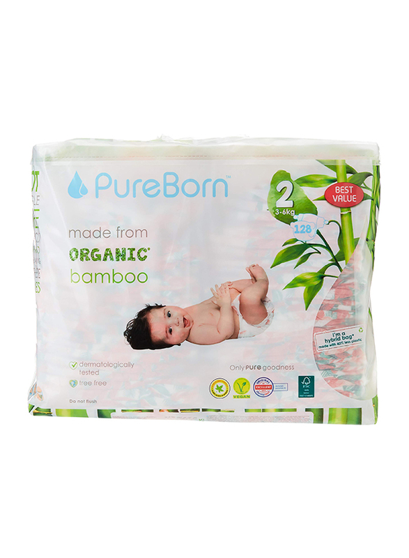 Pureborn Organic Bamboo Diapers Value Pack, Size 2, 3-6 kg, 128 Count