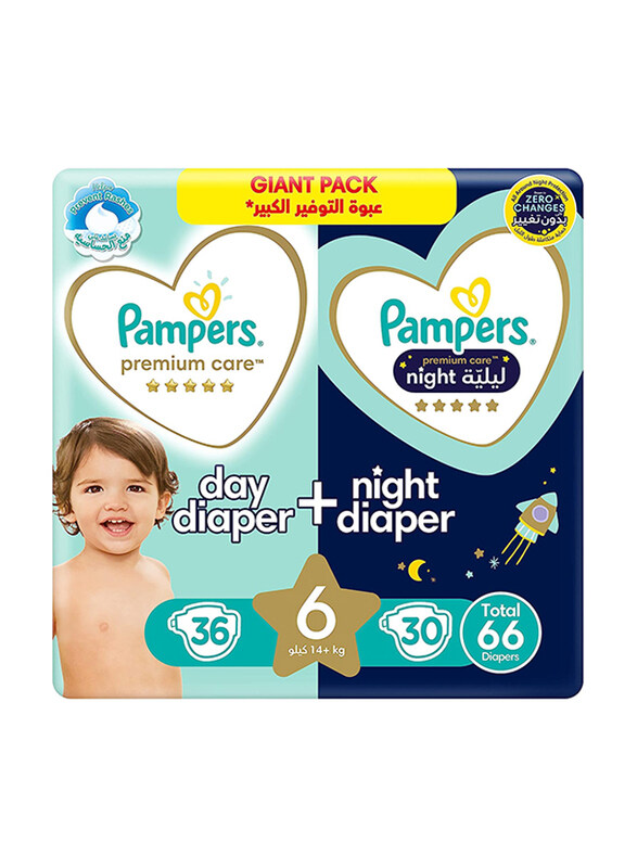 

Pampers Premium Care Day & Night Pants Diaper Bundle for Better Fit & Extra Protection, Size 6, 14+ kg, 66 Count