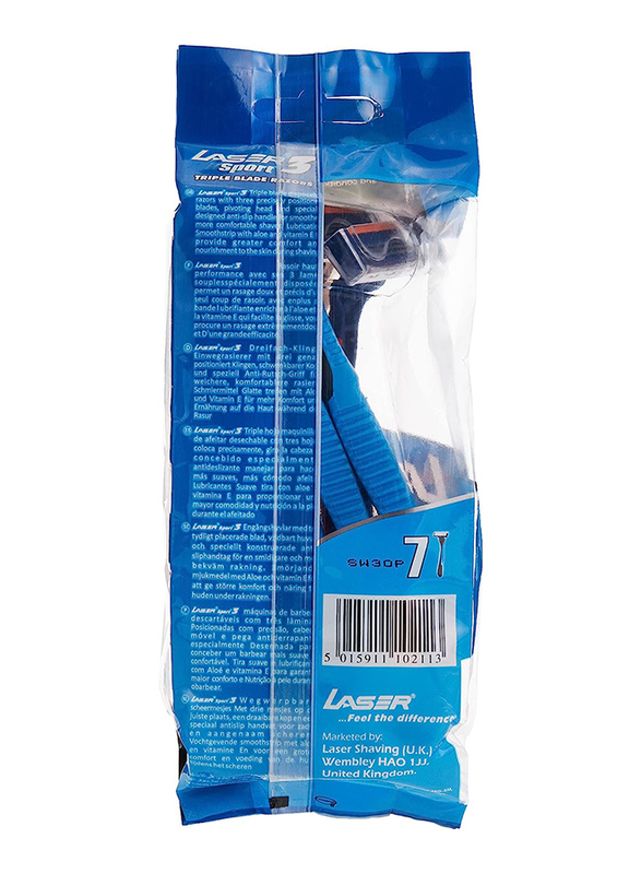 Laser Sport 3 Reflex Triple Blade Disposable Shaving Razor for Men, 7 Pieces