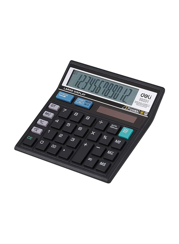 Deli 12-Digit Dual Power Plastic Calculator, E39231, Black