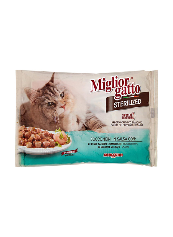 Miglor Sterilized Fish with Shrimps & Salmon Cats Wet Food, 4 x 85g, Red