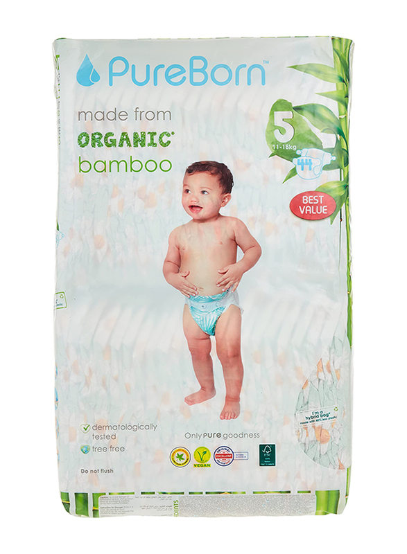 Pureborn Organic Bamboo Diapers Value Pack, Size 5, 12-16 kg, 44 Count