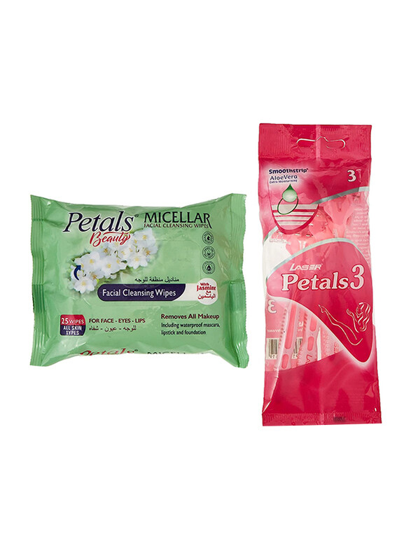 

Petals Facial Cleansing Wipes and Laser Petals Razor, 3 Razors + 25 Wipes, 2 Pieces