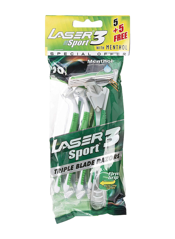 Laser Sport 3 Menthol Firm Grip Triple Blade Disposable Shaving Razor for Men, 10 Pieces