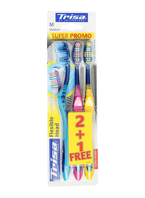 Trisa Trio Flex Head Toothbrush, Medium, 3 Pieces