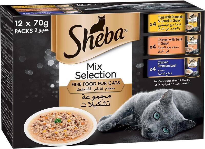 

Sheba Premium Loaf Mix Selection, 4 Packs Chicken, 4 Pack Chicken with Tuna, and 4 Pack Tuna with Pumpkin and Carrots Cat Food, this Sheba Wet Food Pr