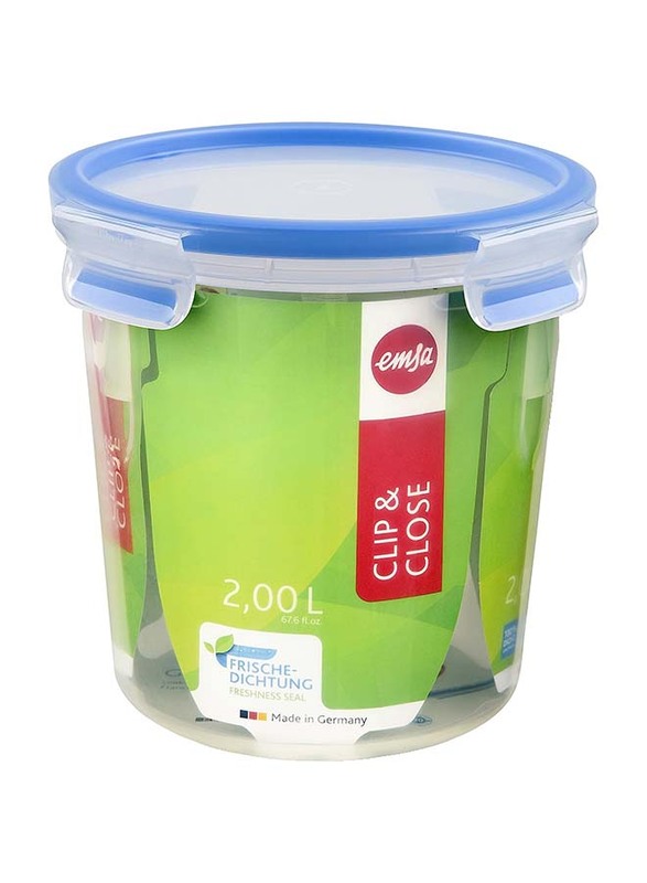 Emsa Clip & Close Round Food Container, 2L, Transparent/Blue