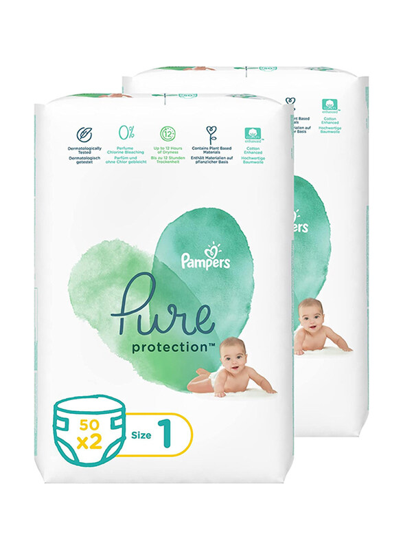 

Pampers Pure Protection Dermatologically Tested Diapers, 2 Piece, Size 1, 2-5 kg, 100 Count