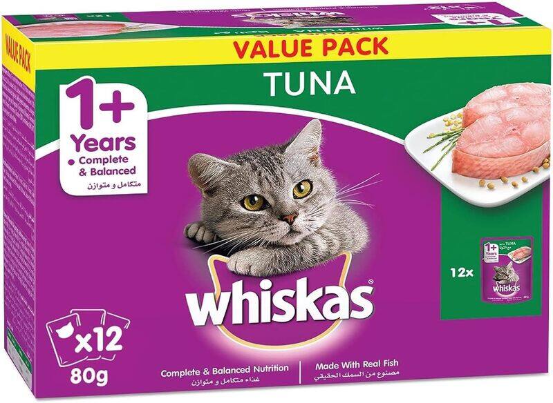

Whiskas Wet Cat Food Tuna, Made with Real Fish, for Adult Cats 1+ Years, Flavor Lock Pouch Made for Sealing Freshness, Ingredients for a Complete & Ba