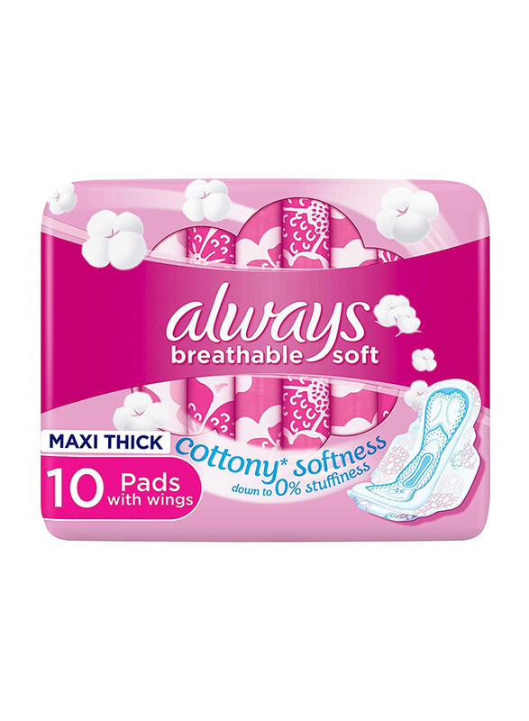 

Always Breathable Soft Maxi Thick Sanitary Pads with Wings, Large, 10 Pieces