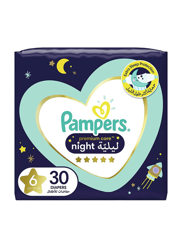 

Pampers Premium Care Extra Sleep Protection Night Diapers, Size 6, 14+ kg, 30 Count
