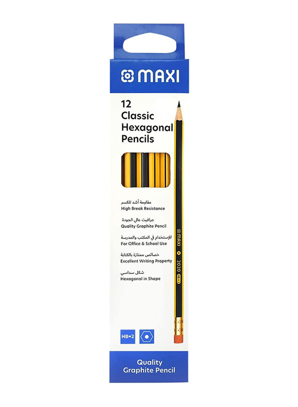 Maxi Classic Hexagonal Graphite Pencil HB With Rubber Tip, Box of 12, Black