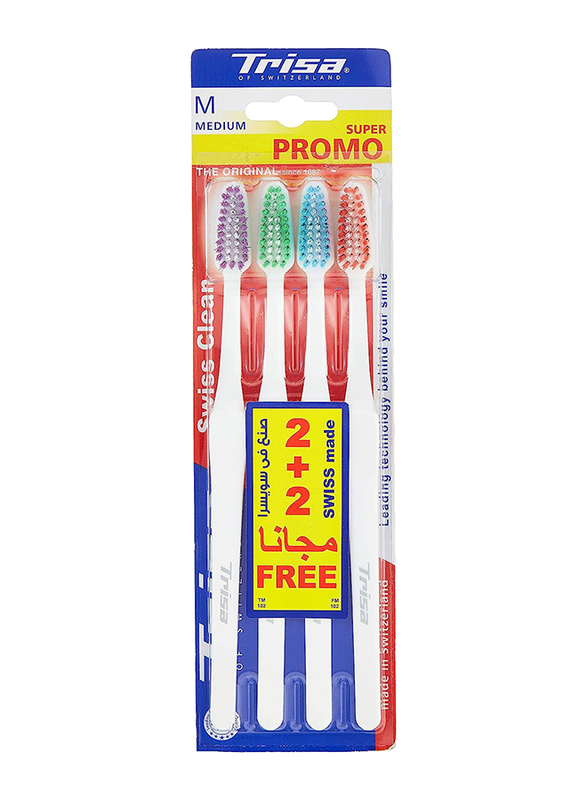 Trisa Swiss Clean Toothbrush, Medium, 4 Pieces