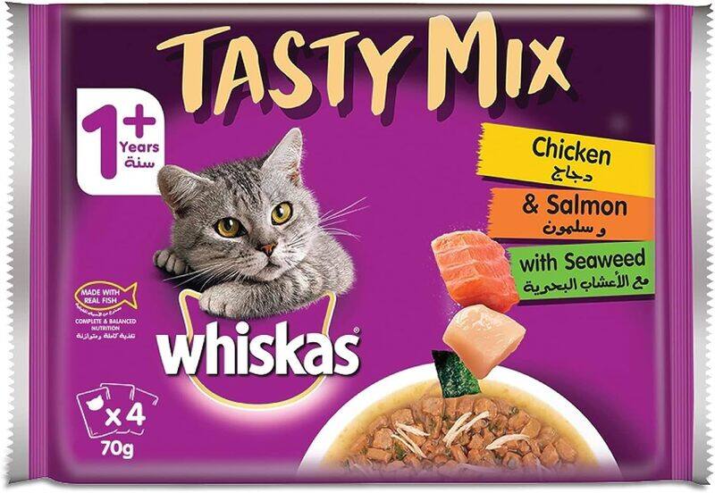 

Whiskas Tasty Mix, Chicken & Salmon with Seaweed, Wet Cat Food in Gravy, For Adult Cats Aged 1+ Years, Made from Real Fish that is Easy to Digest, 4 x