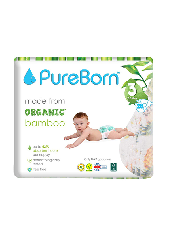 Pureborn Organic Bamboo Diapers Value Pack, Size 3, 5.5-8 Kg, 28 Count