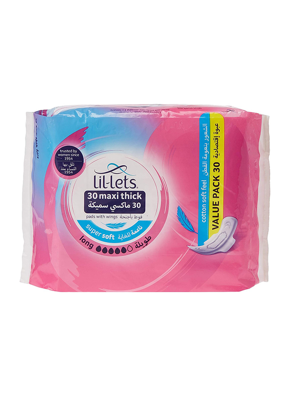 Lil-lets Maxi Long Maxi Thick Super Soft Pads with Wings, 30 Pieces