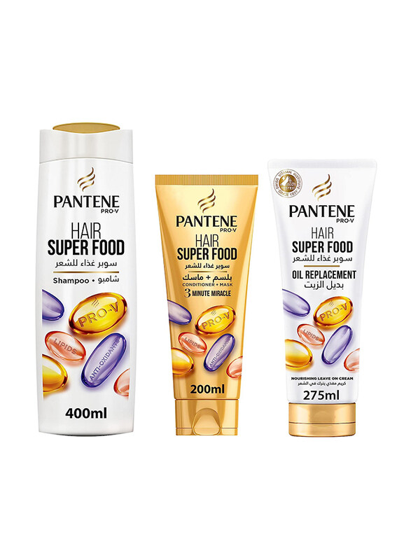 

Pantene Pro-V Super Food Shampoo 400ml + 3 Minute Miracle Conditioner + Mask 200ml + Oil Replacement Nourishing Leave On Cream 275ml, Set