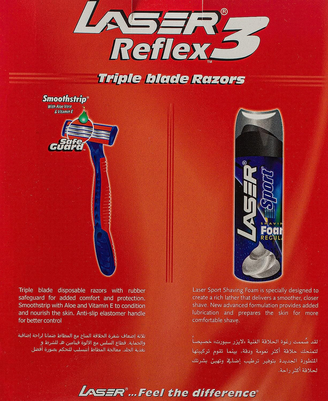 Laser Reflex 3 Three Blade Disposable Shaving Razor and Sport Shaving Foam, 200ml + 4 Razors, 2 Pieces