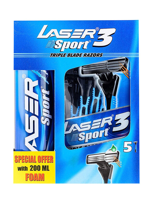 

Laser Sport 3 Three Blade Disposable Shaving Razor and Sport Shaving Foam, 200ml + 5 Razors, 2 Pieces