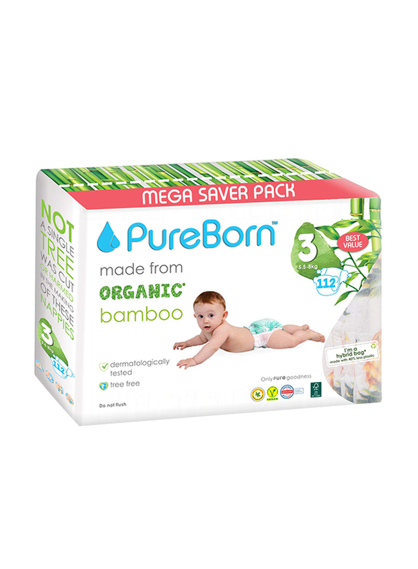 Pureborn Organic Bamboo Diapers Value Pack, Size 3, 5.5-8 Kg, 112 Count