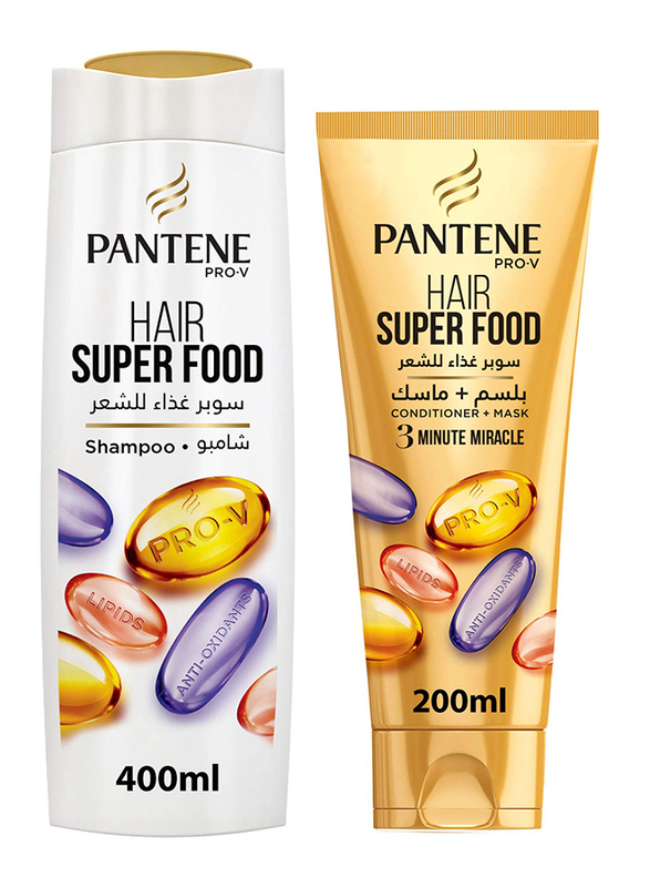 

Pantene Super Food with Antioxidants and Lipids 3 Minute Miracle Conditioner Shampoo Set for All Hair Types, 200ml + 400ml, 2 Pieces