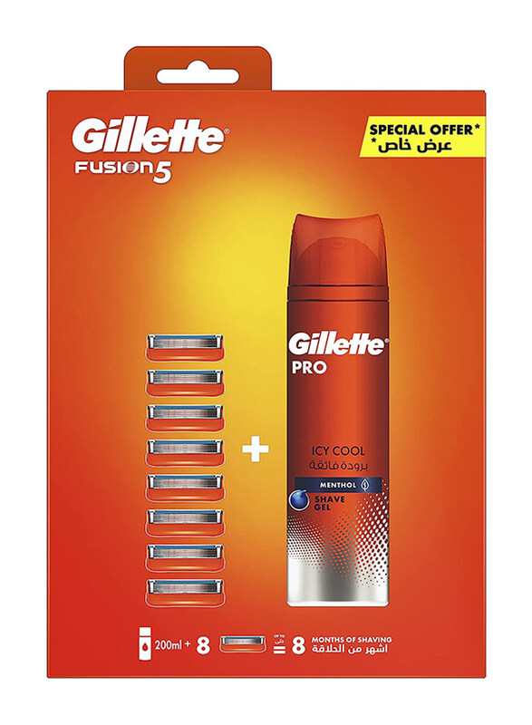 

Gillette Fusion Men's 8 Shaving Blades + Icy Cool Menthol Shaving Gel 200ml, 8 Pieces