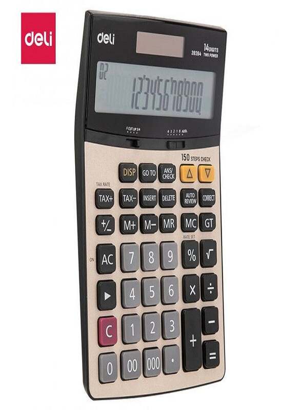 Deli 14-Digits Dual Power Metal Calculator 150 Steps Check Mj120, Black/Brown