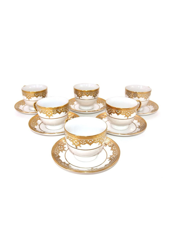 L.T.R 12 Pieces Cup and Saucer Set - 180 ml - White/Gold
