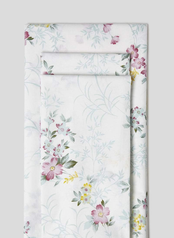 Aceir 3-Piece 180 TC Premium Collection Rose Mallow Cotton Fitted Bedsheet Set, 1 Bedsheet + 2 Pillow Cases, Queen, Multicolour