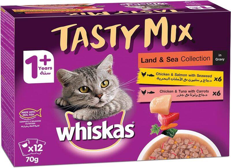 

Whiskas Tasty Mix, Mix Land & Sea Collection in Gravy, Wet Cat Food For 1+ Years Adult, 6 Chicken & Salmon with Seaweed & 6 Chicken & Tuna with Carrot