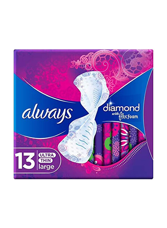 

Always Diamond Flex Foam Sanitary Pads with Wings, Large, 13 Pieces