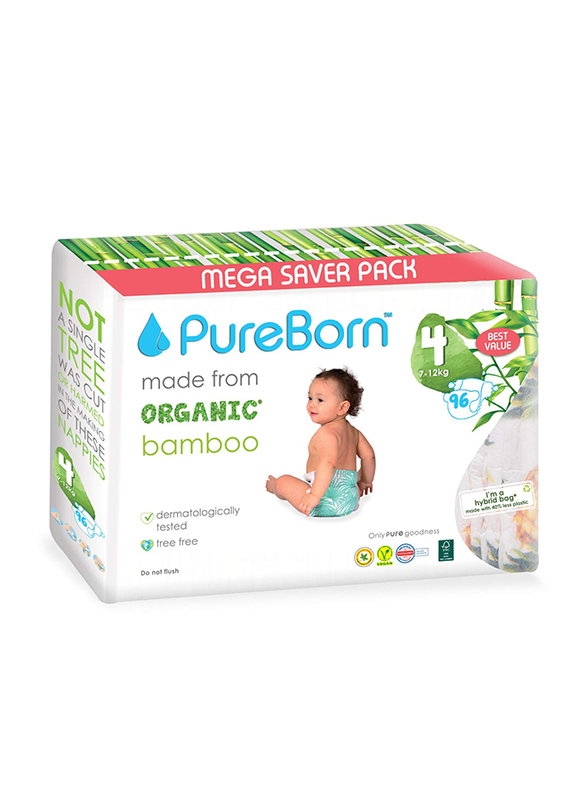 Pureborn Organic Bamboo Diapers Value Pack, Size 4, 9-15 kg, 96 Count